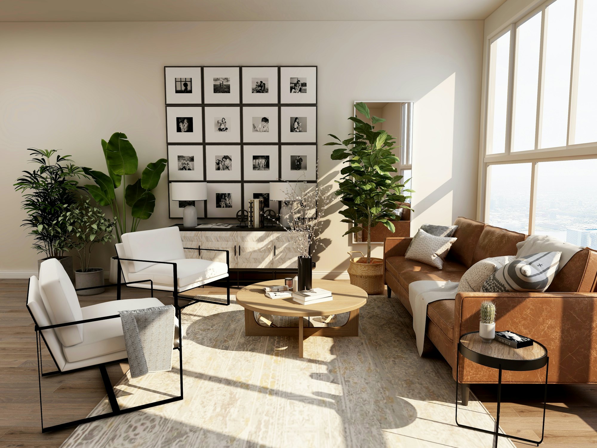 A bright living room with tall windows and a gallery wall
